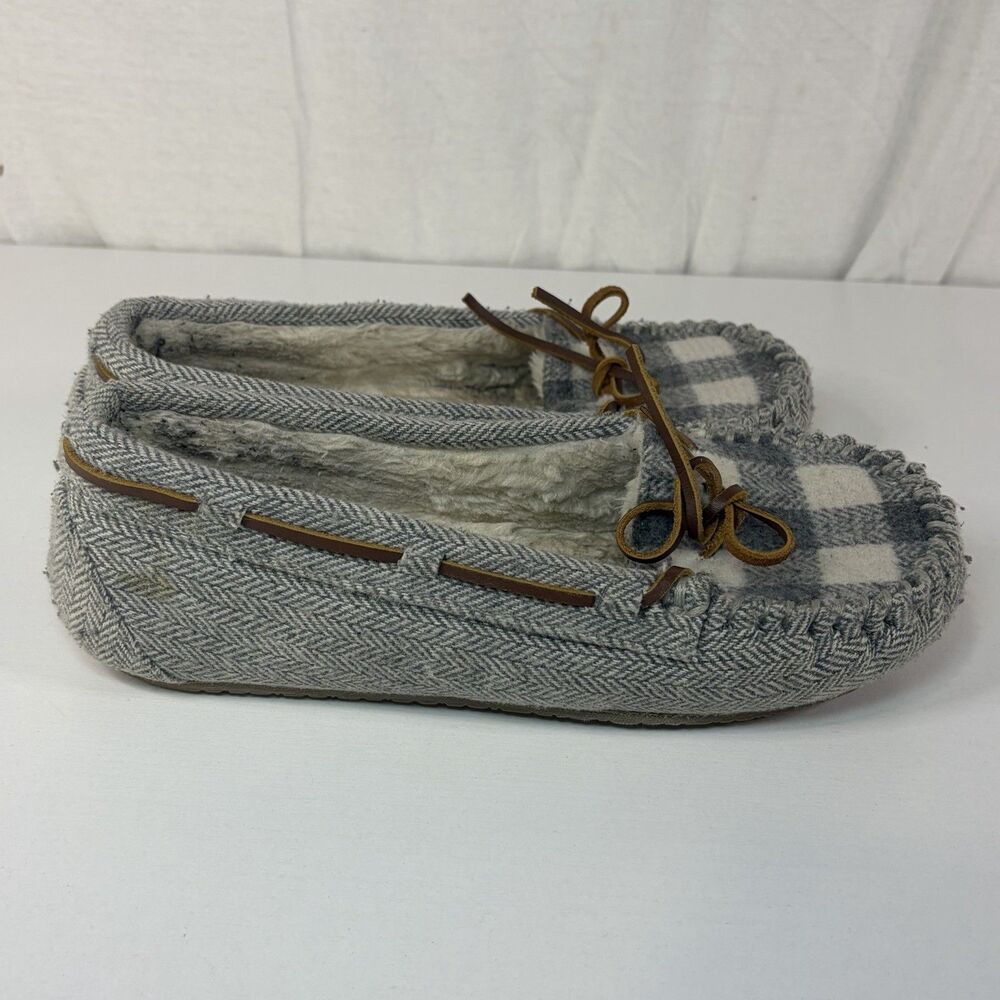 Minnetonka Grey Plaid Fur Lined Slip On Moccasin Shoes Comfort Size 9 Wool
